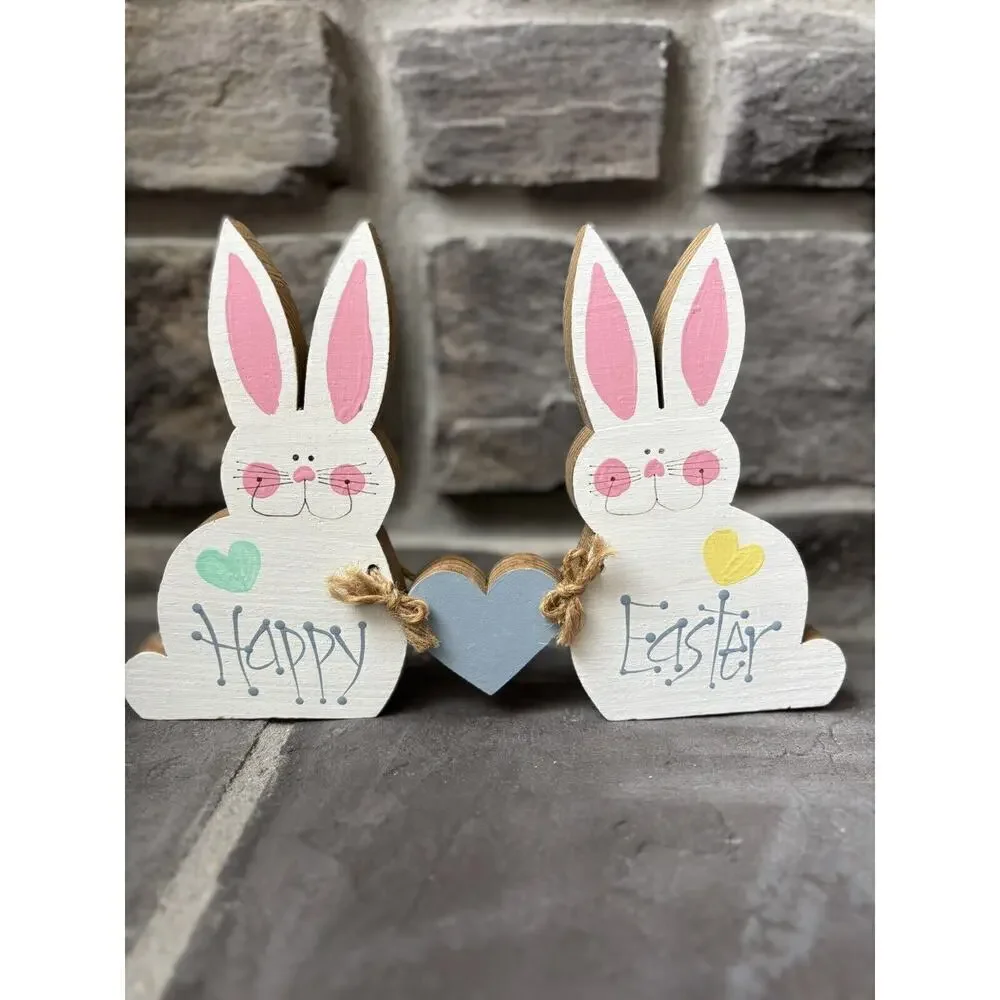 “Happy Easter” Bunny Figures Hand Painted Wood Cottagecore Vintage Cute